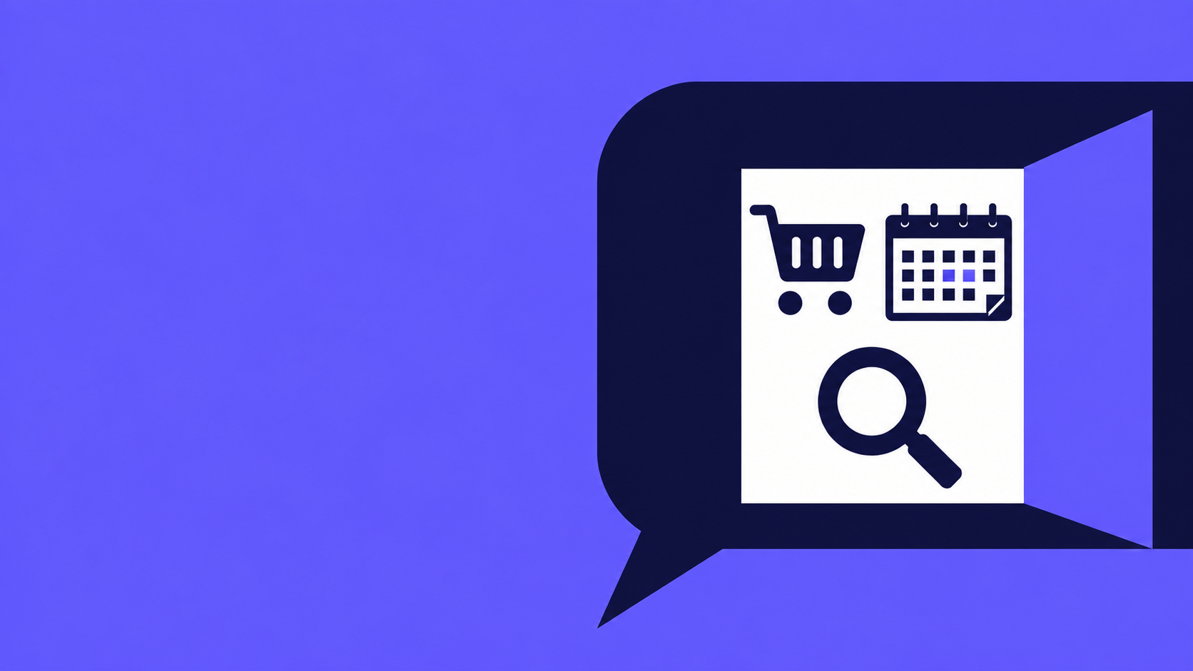 A navy speech bubble opens like a doorway to reveal a shopping cart, calendar and magnifying glass against a purple background.
