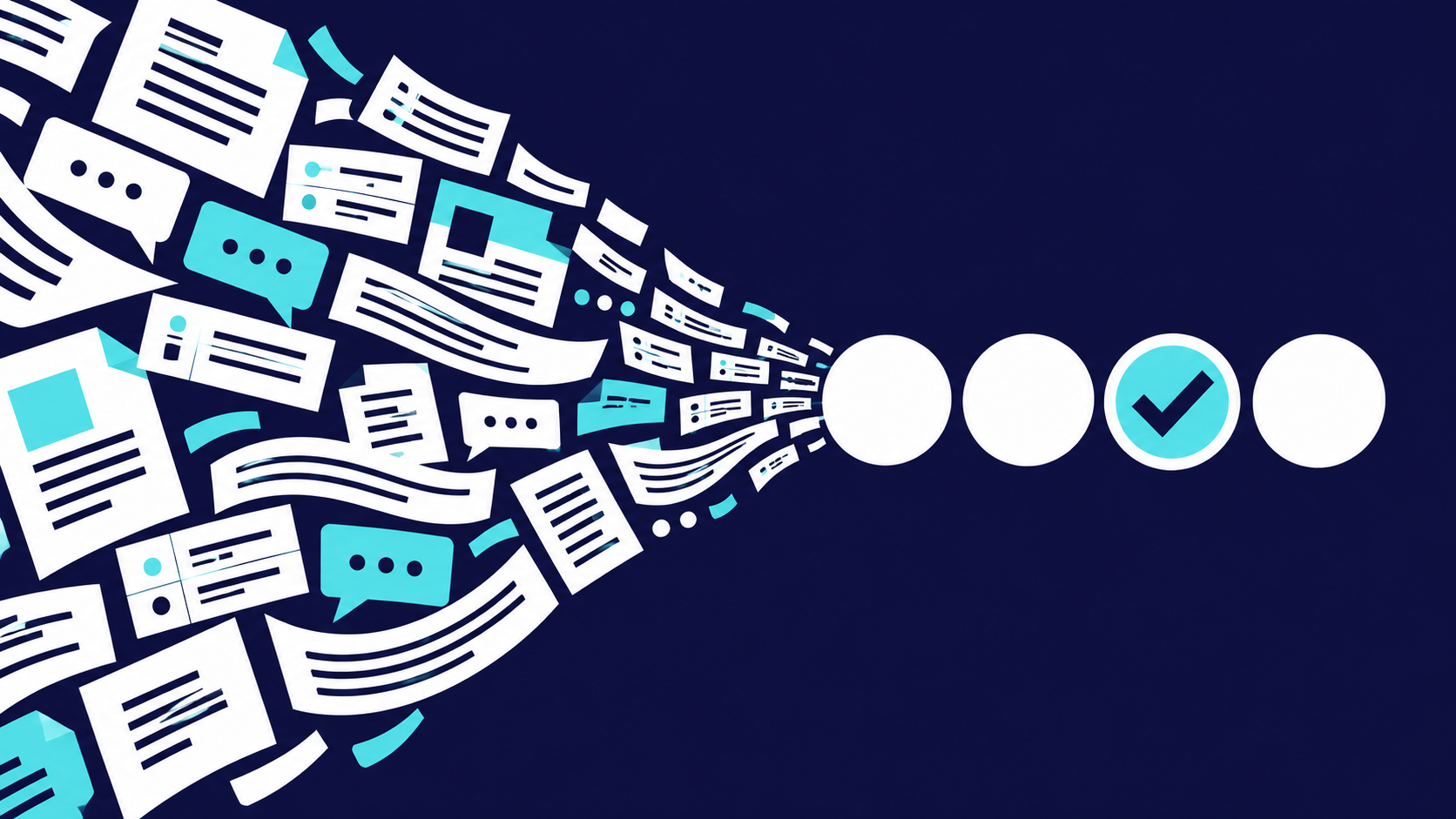 Documents, speech bubbles, and text fragments converge towards four choices on a navy background, with one teal choice marked with a tick.