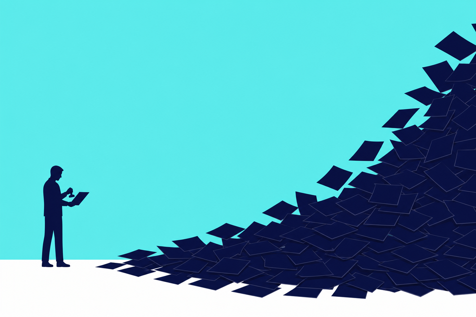 A cascade of identical navy document sheets pouring in from the right, with a small navy silhouette figure on the left calmly inspecting a single sheet.